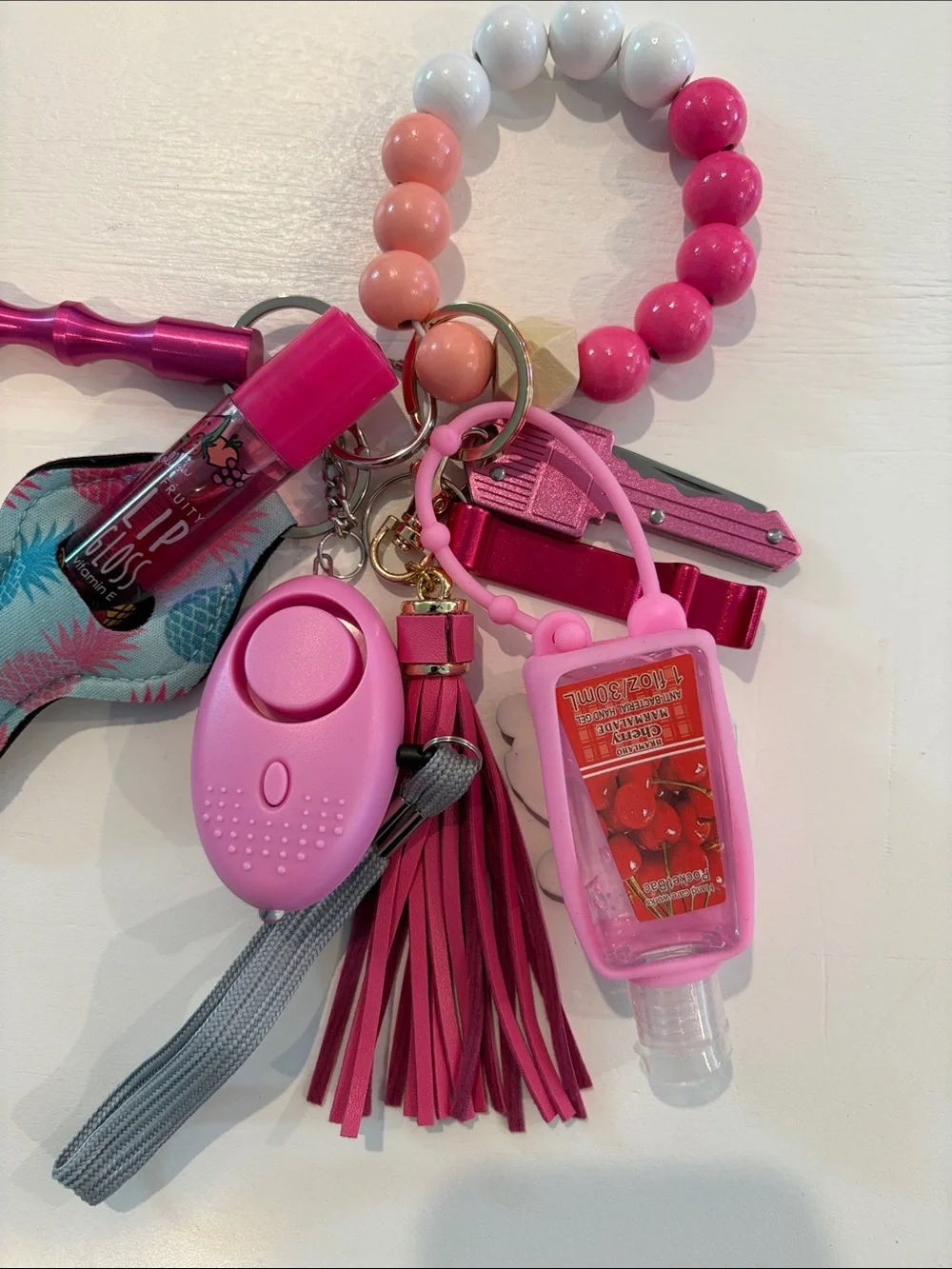 Pink Beaded Women’s Keychain Safety Wristlet w Panda Hand Sanitizer & Alarm